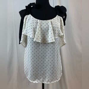 Dex Cream and‎ Black Polka Dot Ruffle Cold Shoulder Blouse